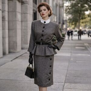 Vintage 80s Gray Pencil Peplum Dress Sz 11 Tweed Academia Tailored Retro Couture